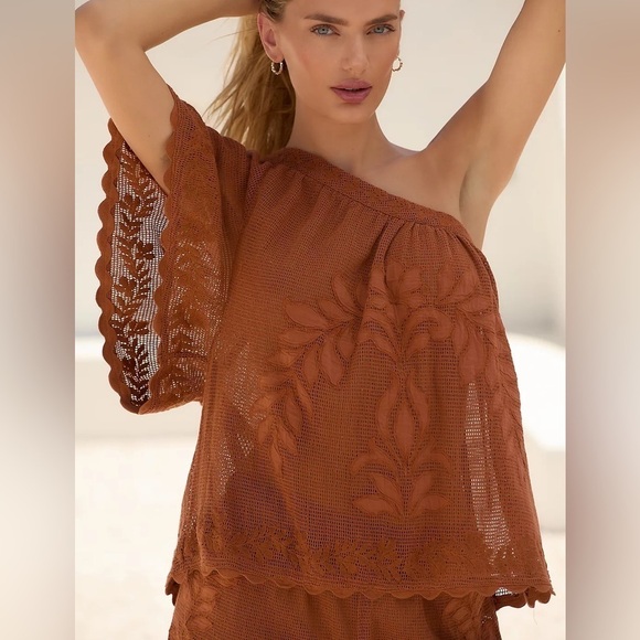 Anthropologie Tops - By Anthropologie One-Shoulder Short Sleeve Lace Top Cedar Rust Size Small NEW